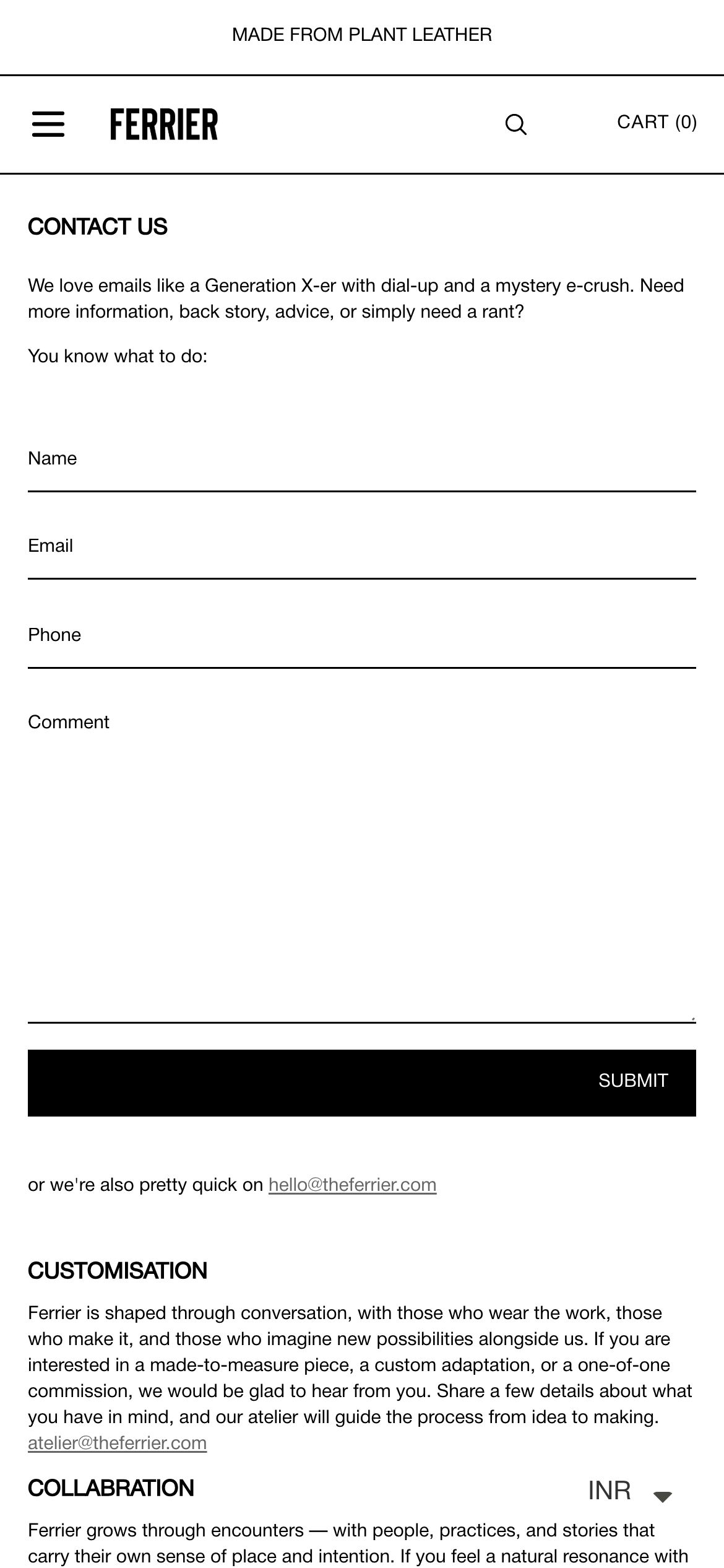 Ferrier Contact / booking page on mobile