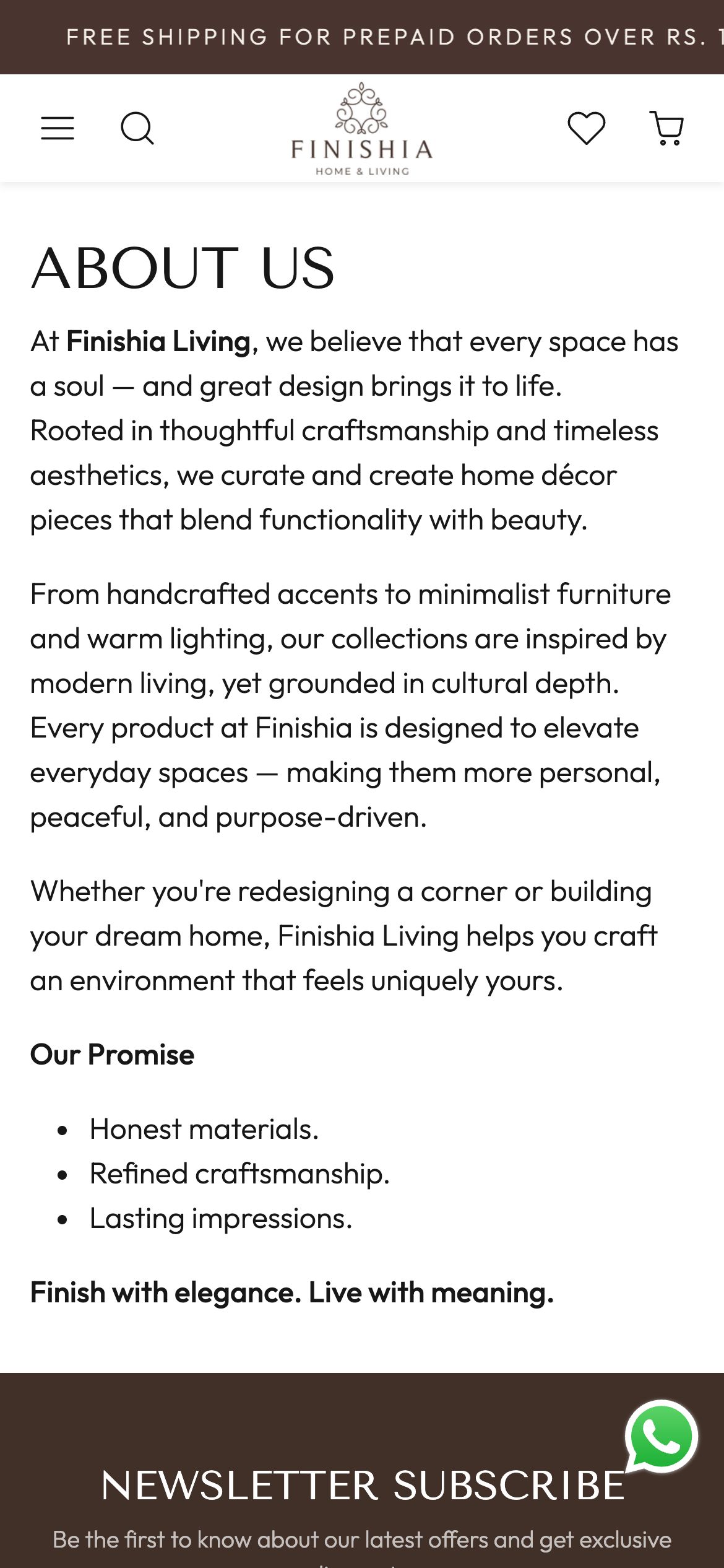 Finishia Living About page on mobile