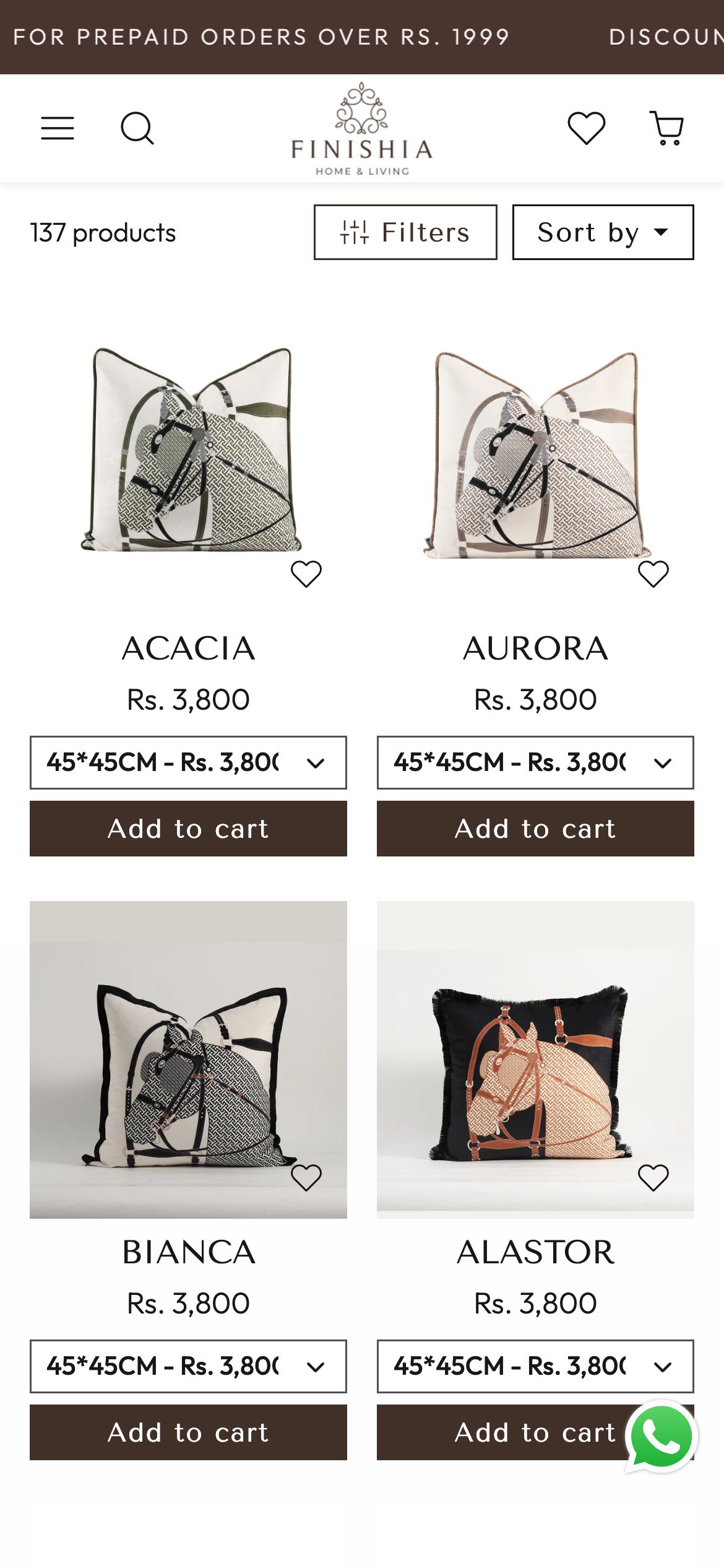 Finishia Living Collection page on mobile