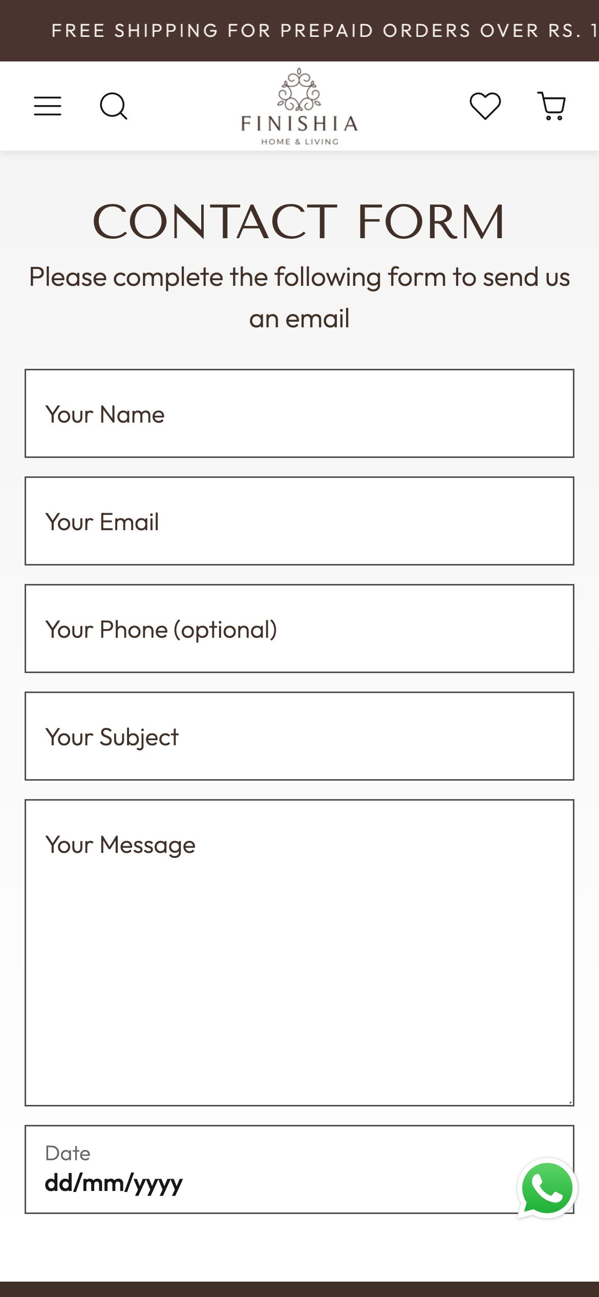 Finishia Living Contact / booking page on mobile
