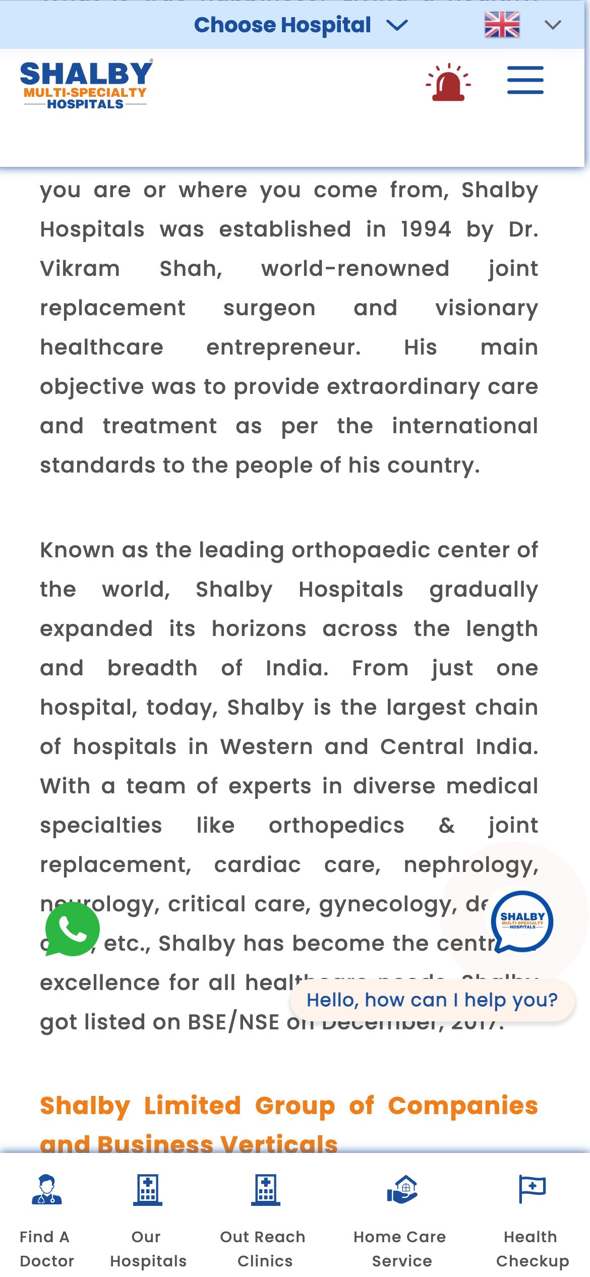 Shalby Hospitals About page on mobile