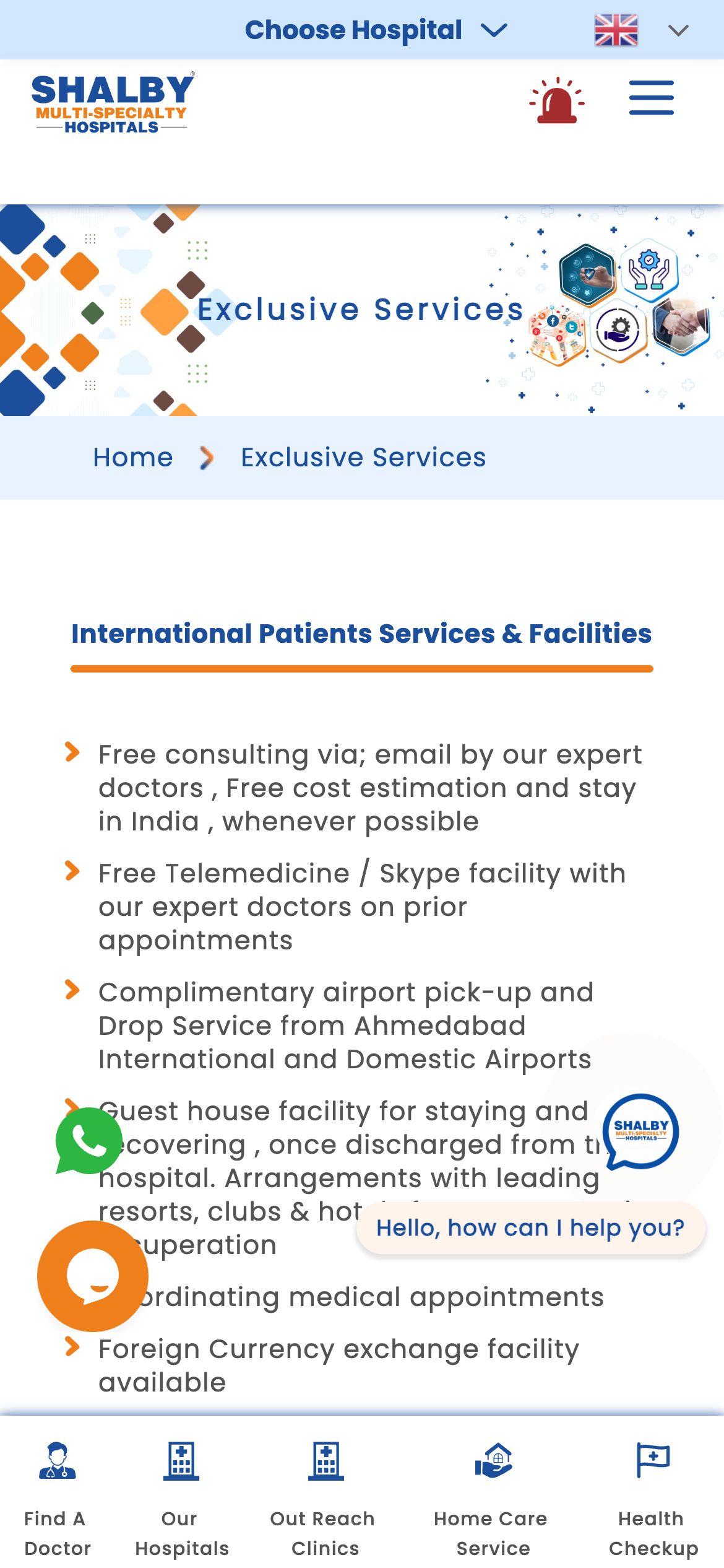 Shalby Hospitals Services page on mobile