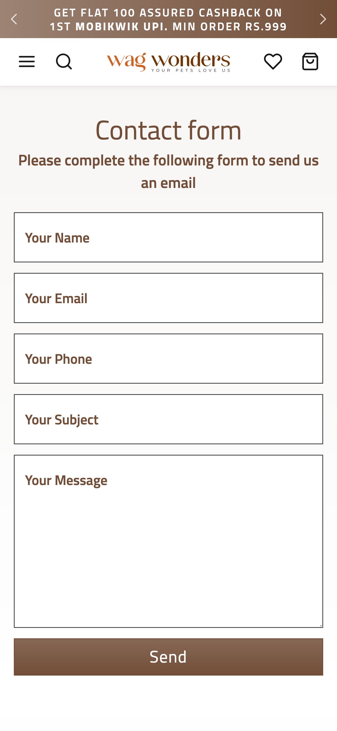 Wag Wonders Contact / booking page on mobile