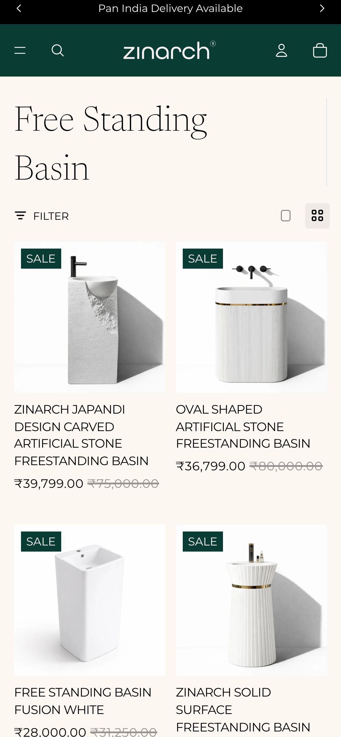 Zinarch Collection page on mobile